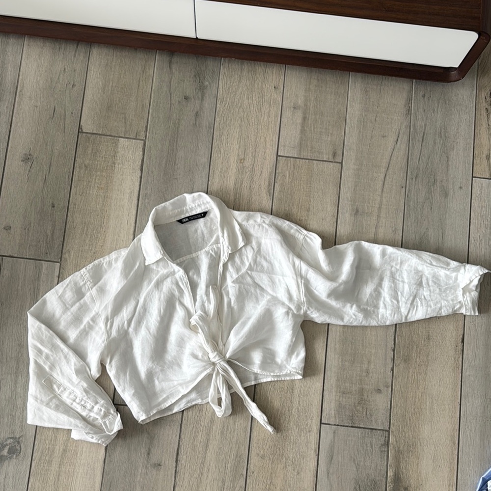 Zara White Tie-Front Cropped linen Shirt